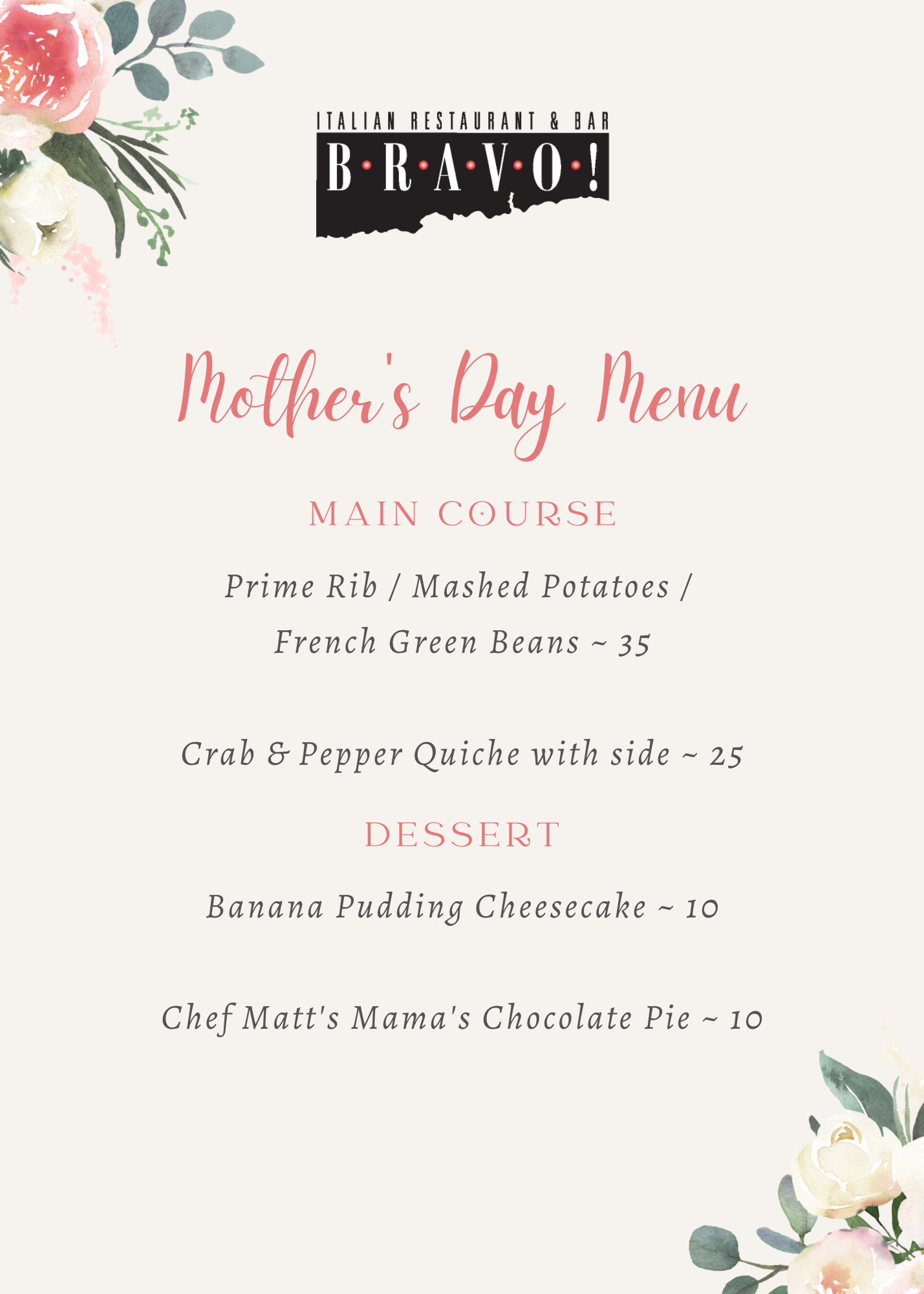 Mother's Day Menu 2022